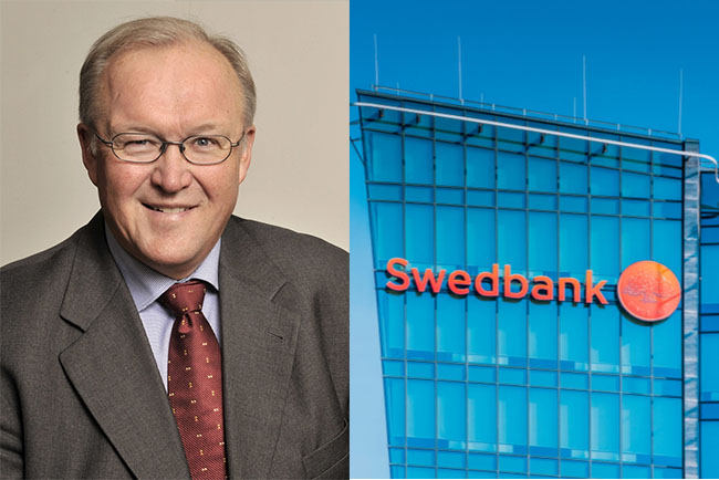 Göran Persson, ny ordförande för Swedbank, och fasad med Swedbanks logotyp