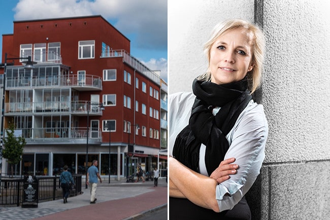 Kollage lägenheter med röd fasad och Alexandra Stråberg chefsekonom på Länsförsäkringar