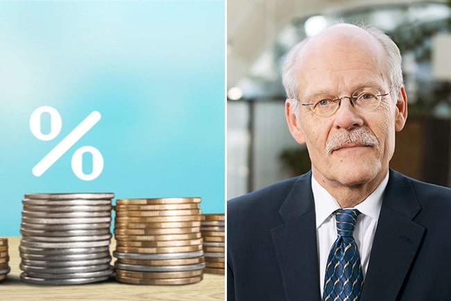 kollage myntstaplar med ett procenttecken ovan och Stefan Ingves, Riksbankschef.