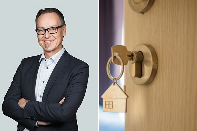 Kollage Danske Banks chefsekonom Michael Grahn och en nyckel som sitter i ett nyckelhål på en dörr