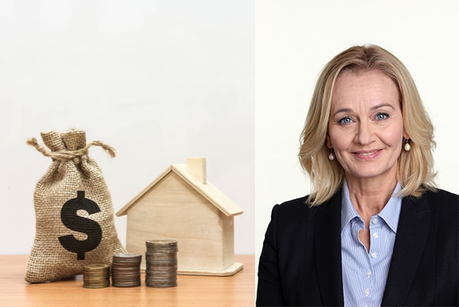 säck med pengar vid miniatyrhus, och handelsbankens vd Carina Åkerström