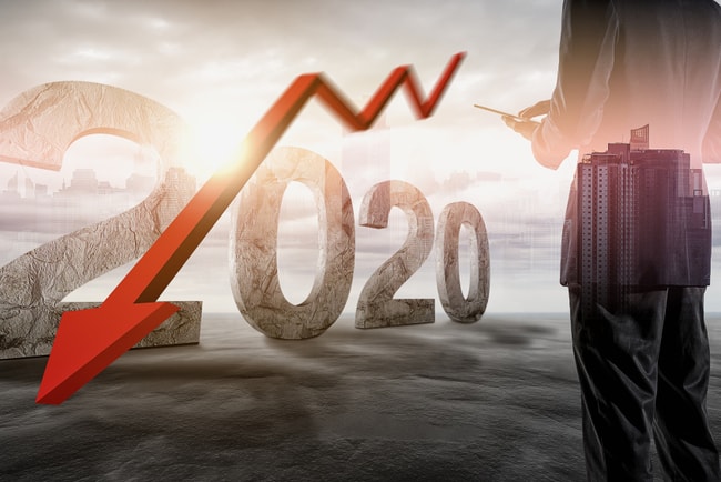 Illustration röd pil som visar en nedåtgående trend och siffrorna 2020
