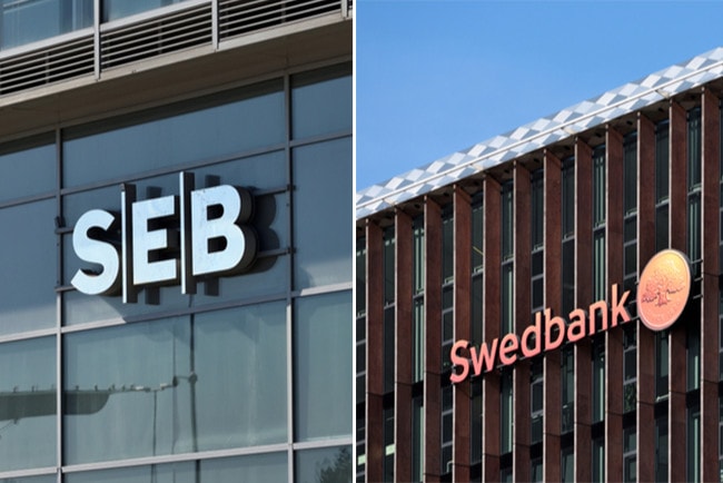 Kollage med två fasader. Ena med SEB:s logga och den andra med Swedbanks logga.