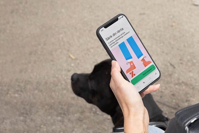 Hand håller i mobiltelefon med Anyfins app. Under syns huvudet på en svart labrador.