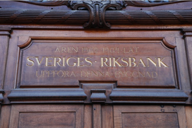 Dörrskylt för Sveriges riksbank.