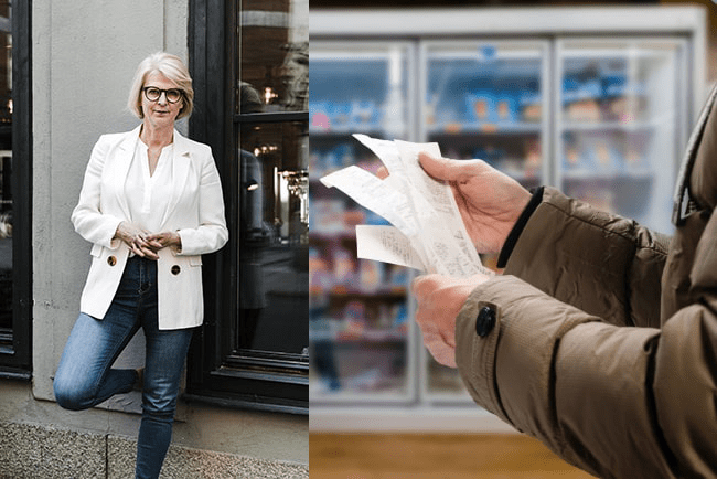 Kollage: Elisabeth Svantesson, finansminister, till vänster. Till höger en bild på person som tittar på kvitton i en matbutik.